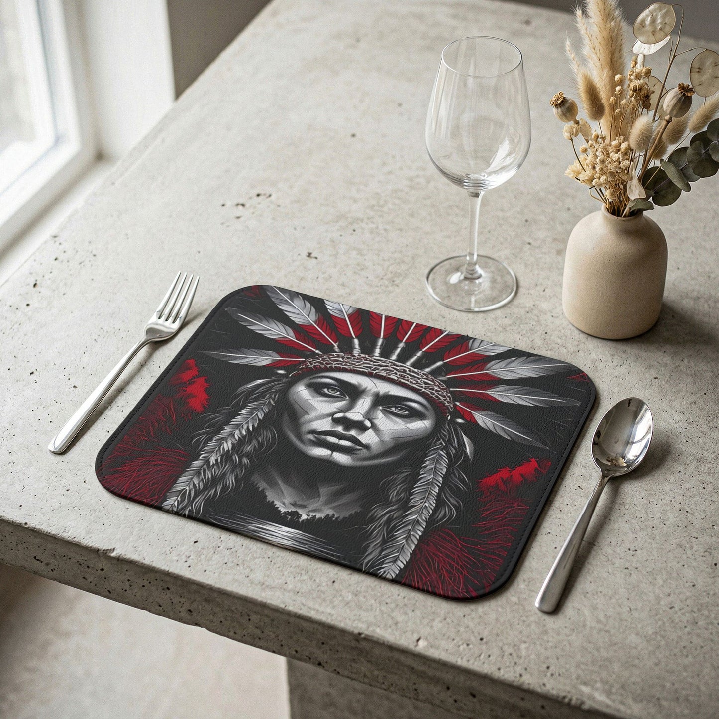 Leather Placemat — Native Chief Portrait Red & Black Decorative Table Mat