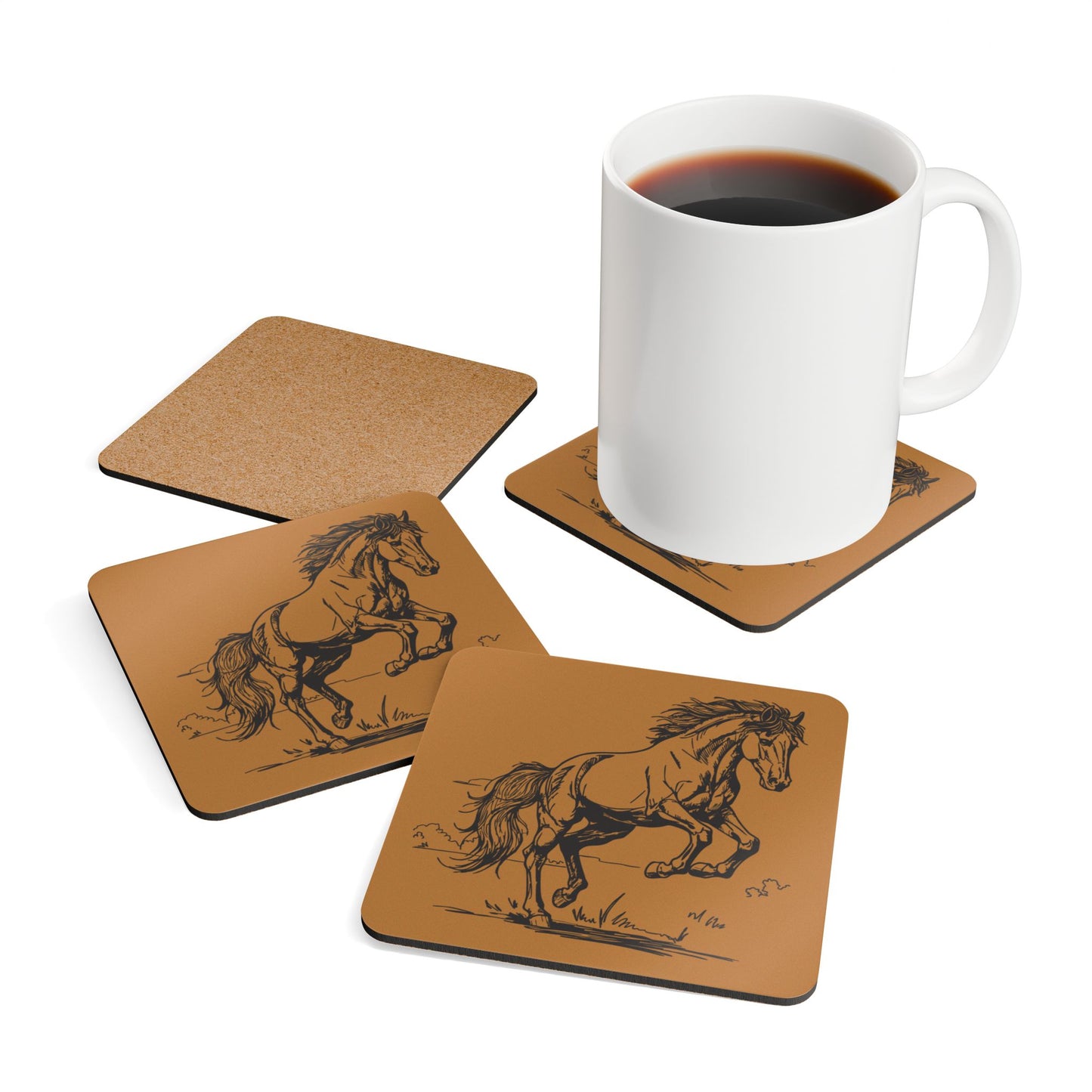 Wild Mustang Cork Coaster Set — Hand-Drawn Horse Drink Coasters (4-Pack)