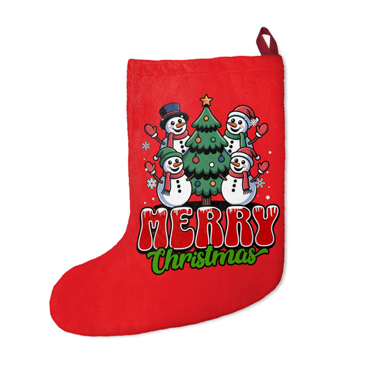 Merry Christmas Stocking – Red Holiday Stocking with Snowman Tree Design
