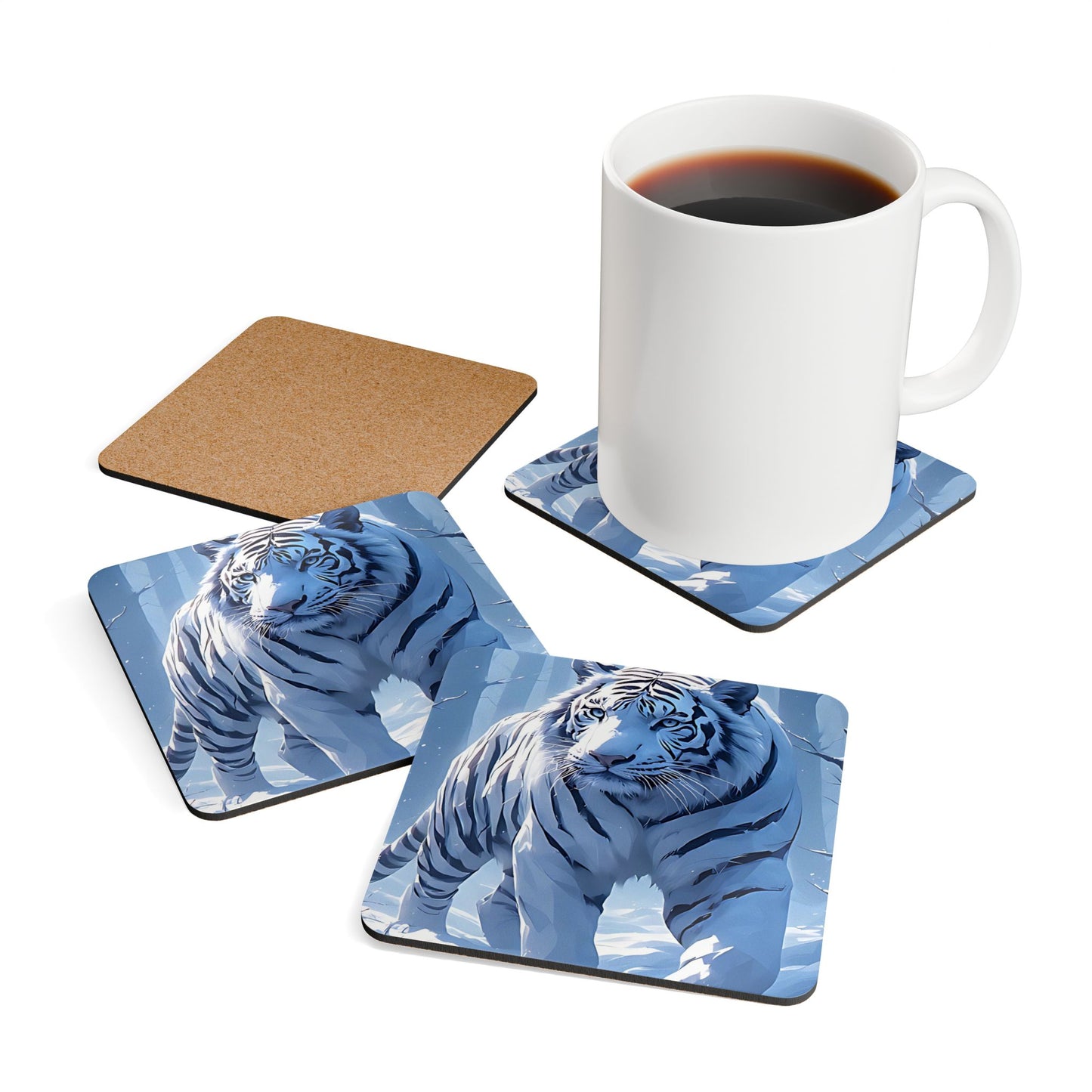 White Tiger Cork Coaster Set — Illustrated Winter Wildlife Drink Coasters (4-Pack)