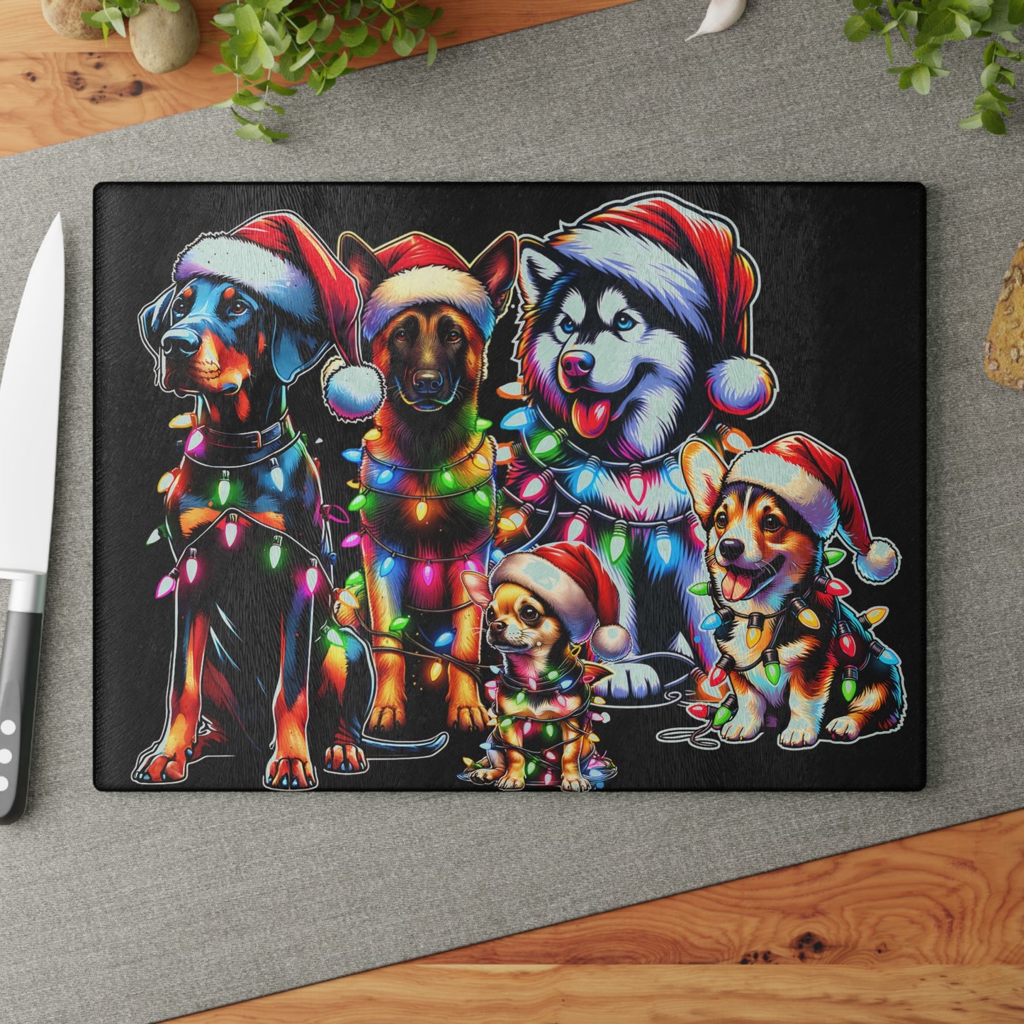 Christmas Dogs Glass Cutting Board — Festive Santa Hats & Holiday Lights