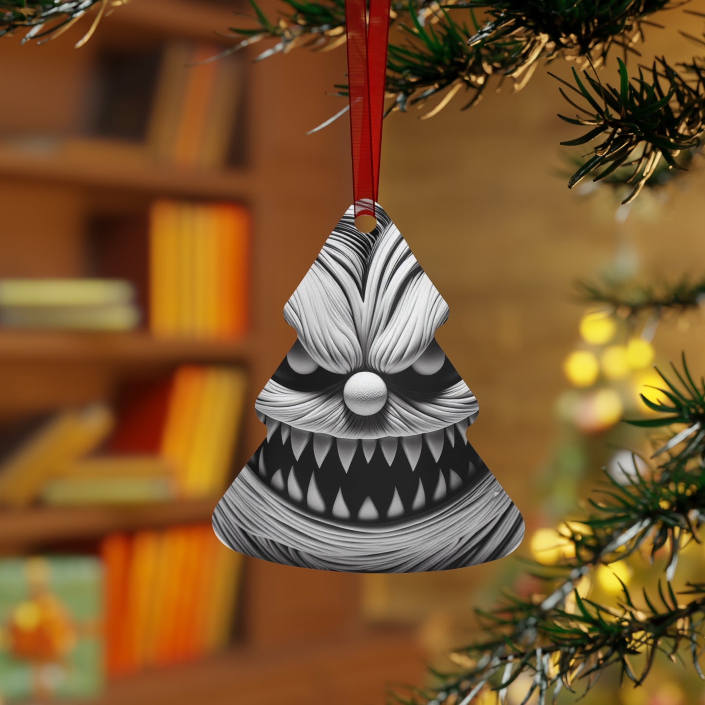 Scary Monster Bell Metal Ornament — Creepy Black & White Holiday Decor