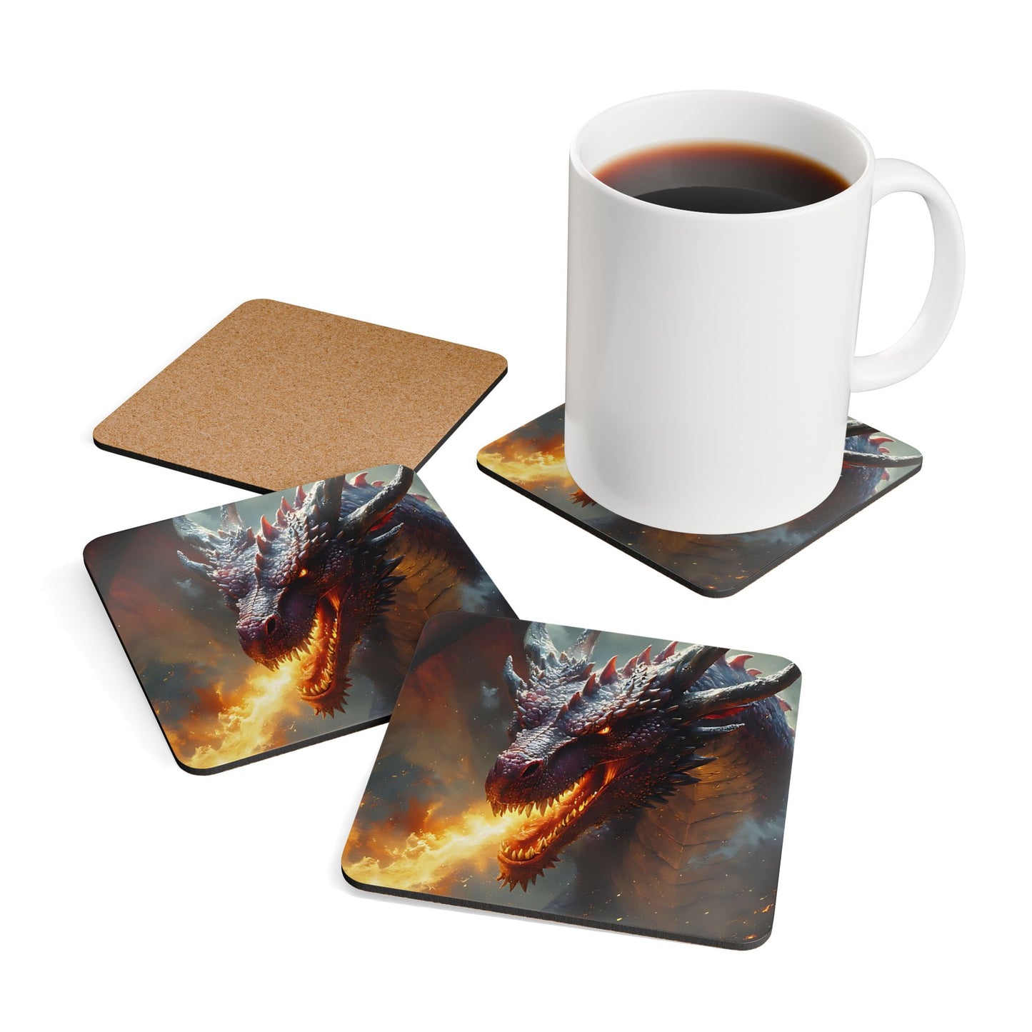 Dragon Fire Corkwood Coaster Set — Fantasy Dragon Drink Coasters