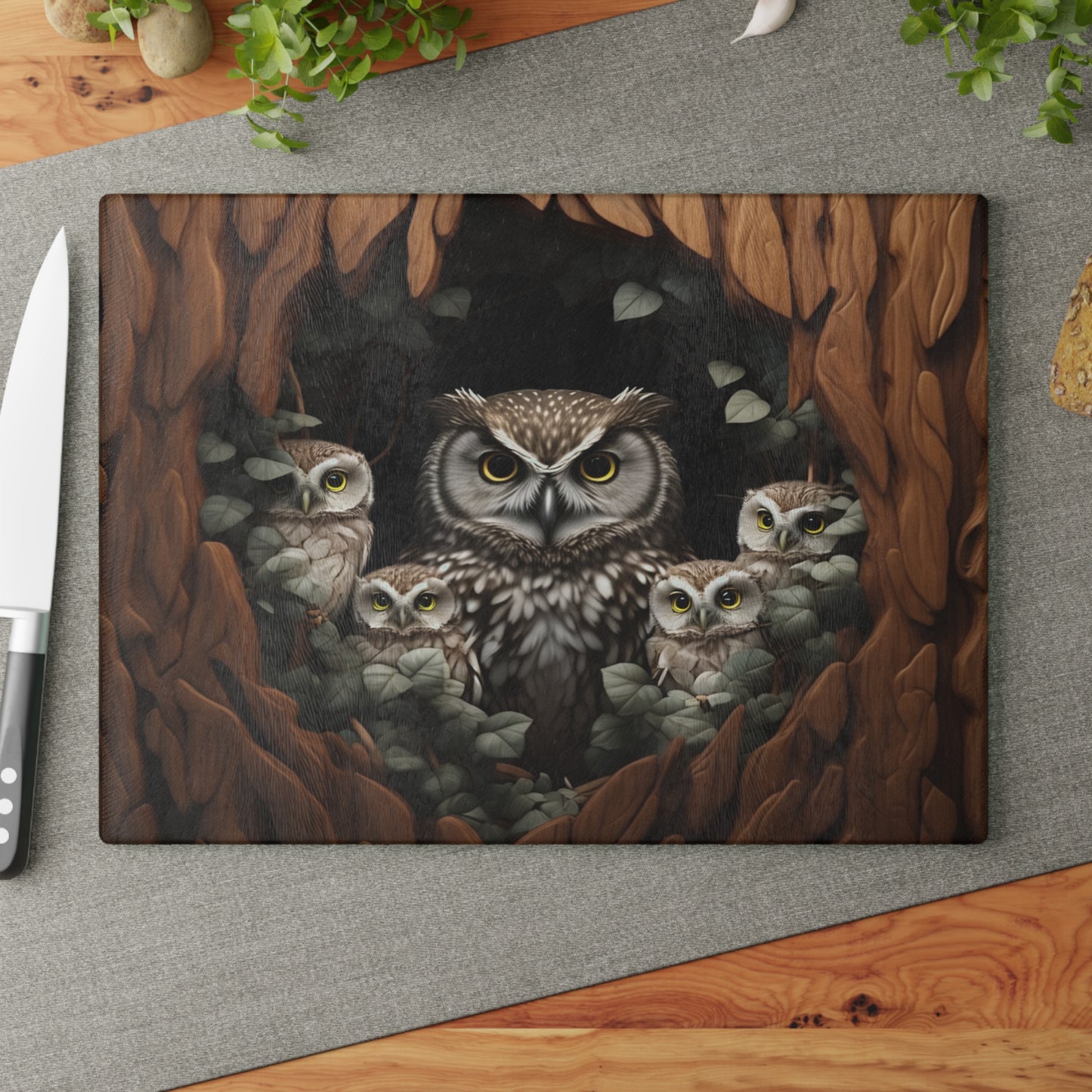 Owl Family Glass Cutting Board, Artistic Kitchen Decor, Gift for Animal Lovers, Nature-Inspired Home Accent, Unique Culinary Gift