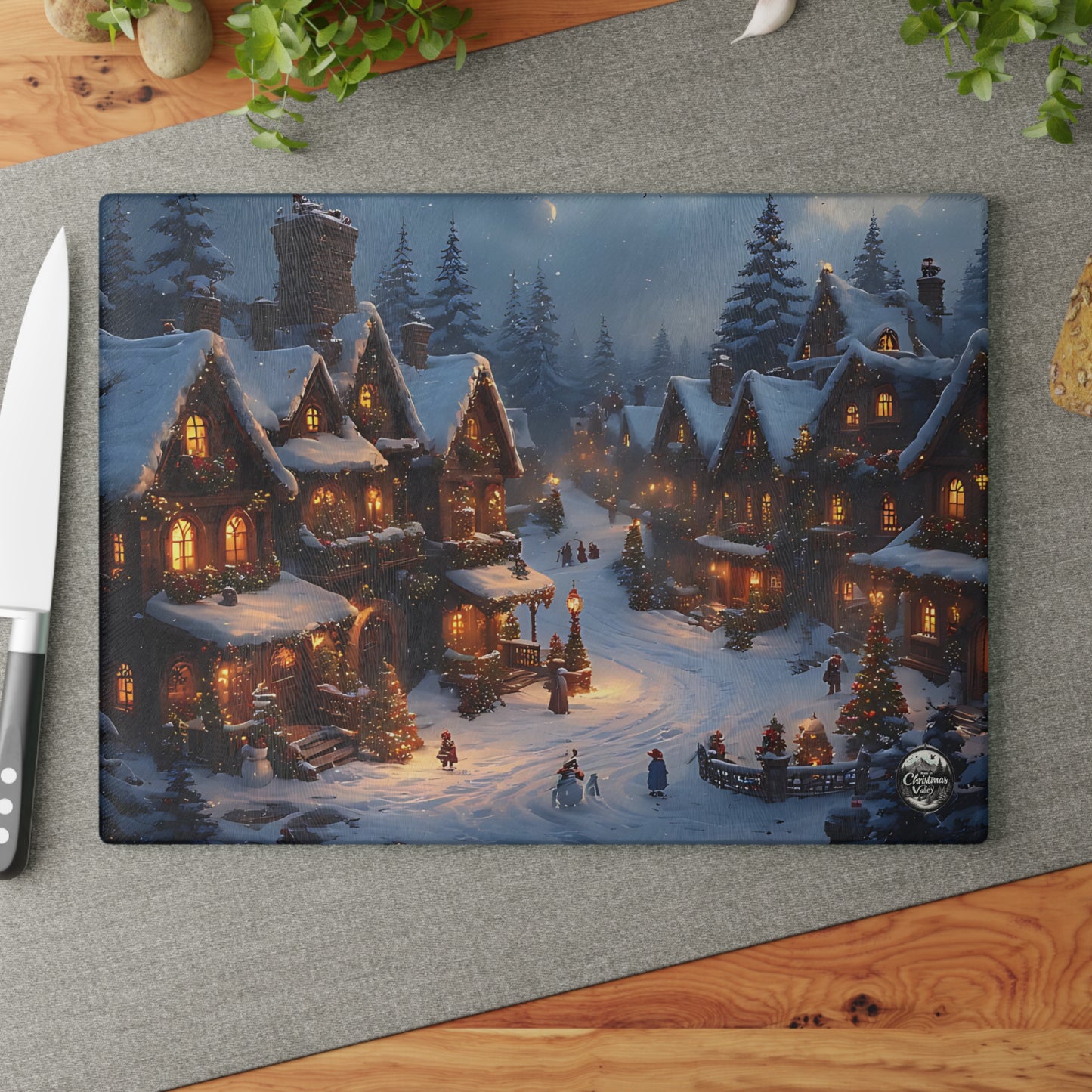 Winter Scene Glass Cutting Board | Holiday Kitchen Decor, Snowy Village Board, Christmas Gift, Cooking Accessory, Festive Home Decor