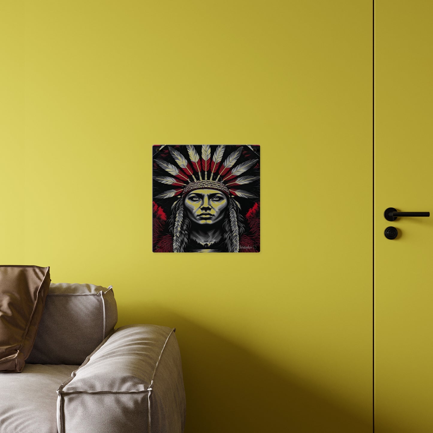 Acrylic Wall Art Panel — Bold Native Chief Portrait in Red & Black