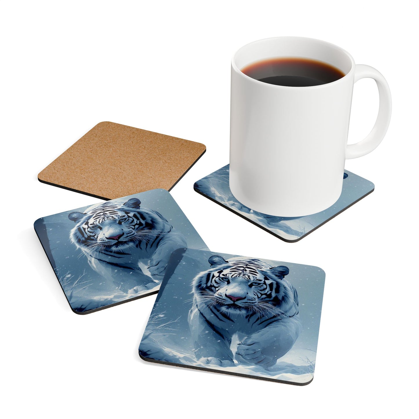 White Tiger Cork Coaster Set — Snowy Wildlife Drink Coasters (4-Pack)