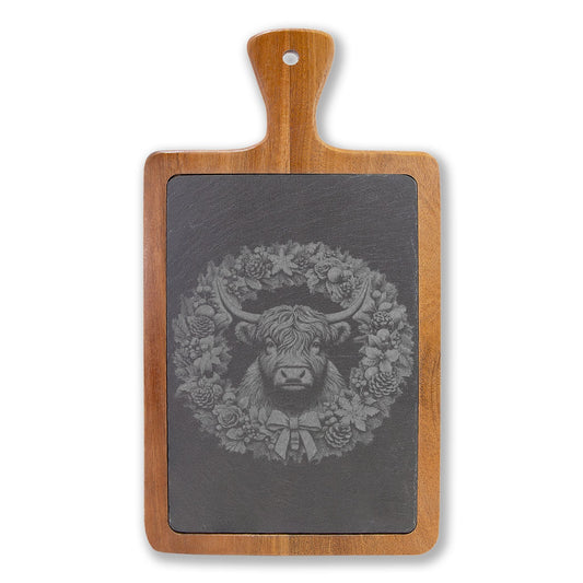 Engraved Wooden Charcuterie Board with Highland Cow Slate Inlay — Cheese Knife Set