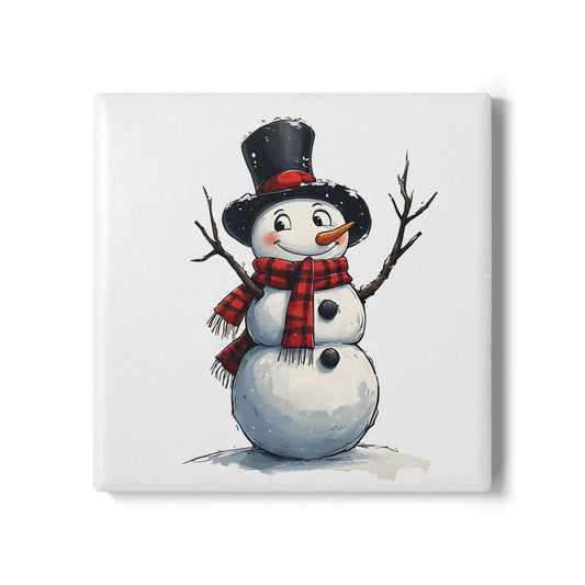 Winter Snowman Ceramic Coaster — Cute Hand-Drawn Snowman Holiday Drink Coaster