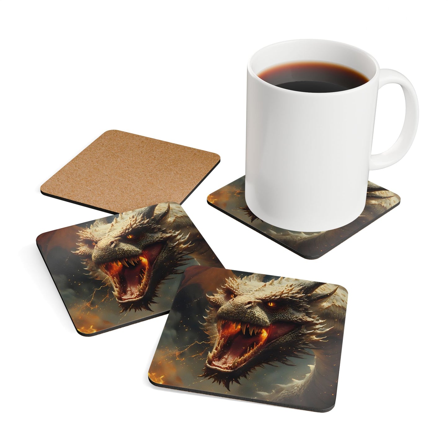 Dragon Fire Cork Coaster Set — Fantasy Creature Drink Coasters (4-Pack)