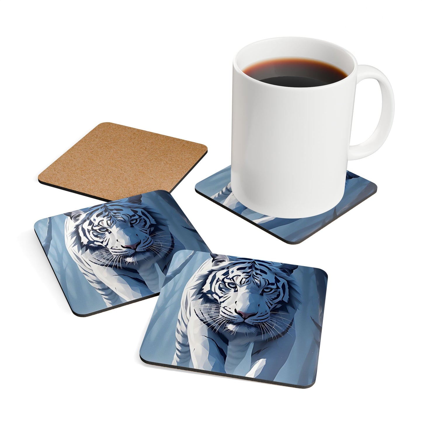 White Tiger Cork Coaster Set — Wildlife Art Drink Coasters (4-Pack)