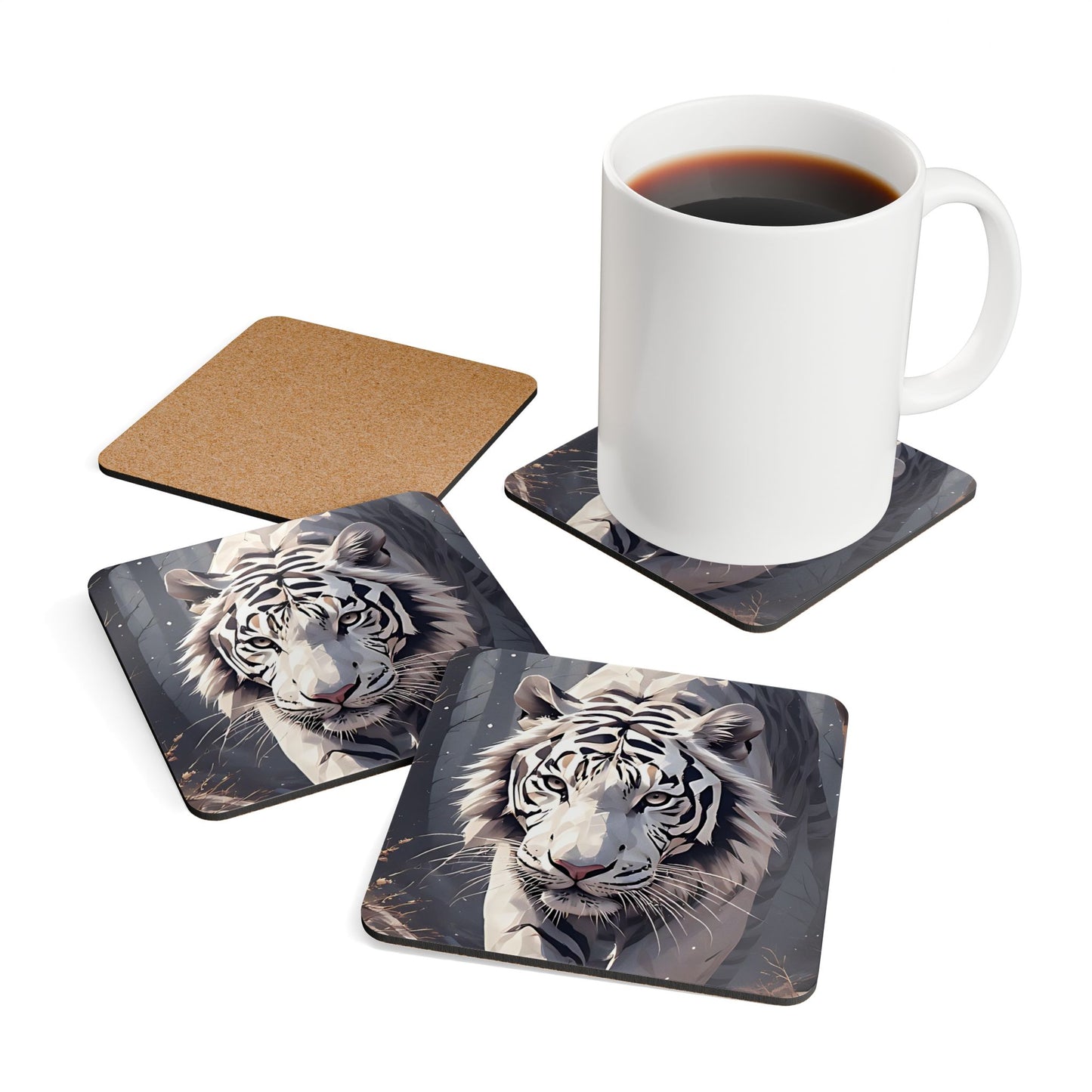White Tiger Cork Coaster Set — Wildlife Drink Coasters, Rustic Home Bar & Gift