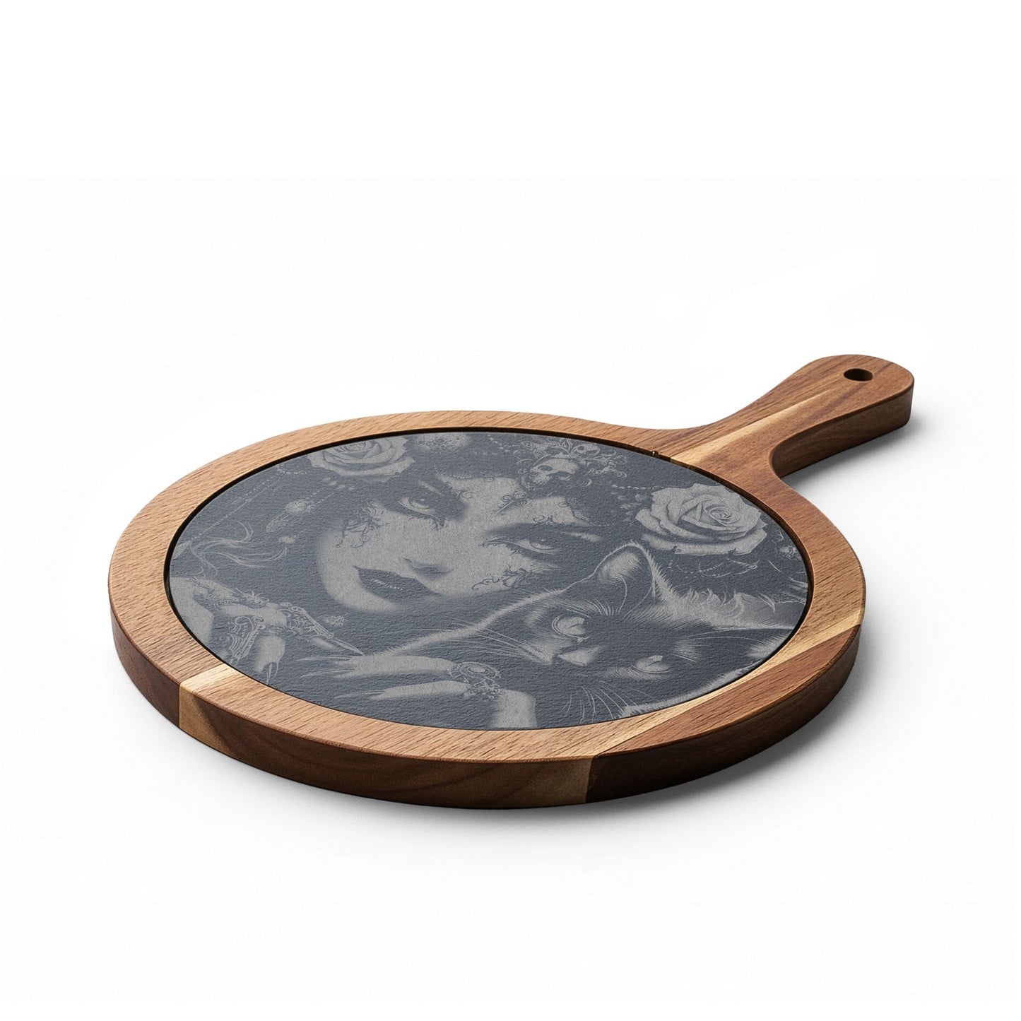 Engraved Bamboo Charcuterie Board with Gothic Woman & Cat Artwork