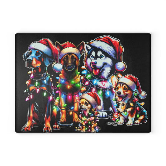 Christmas Dogs Glass Cutting Board — Festive Santa Hats & Holiday Lights