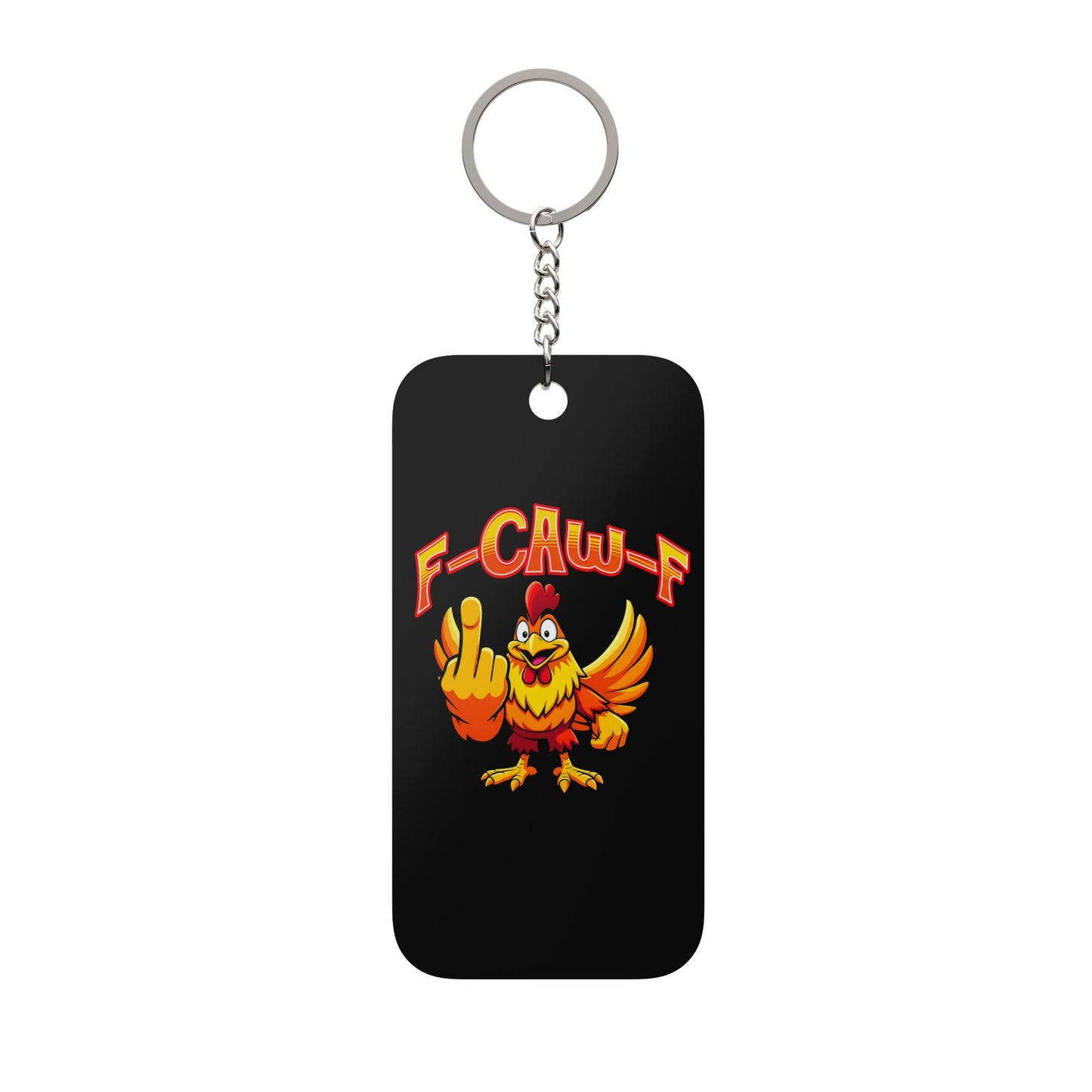 F-CHW-F Rooster Keychain Charm — Funny Chicken Graphic Double-Sided Keyring