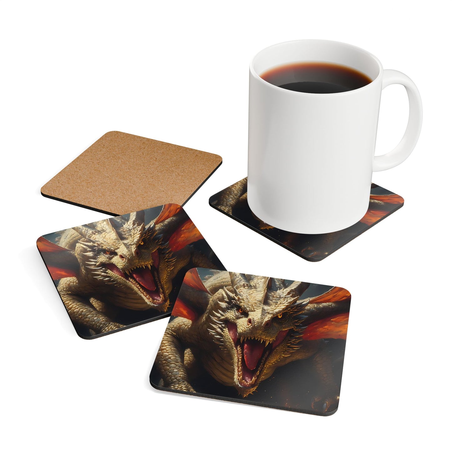 Dragon Fury Cork Coaster Set — Fantasy Dragon Art Drink Coasters (4-Pack)