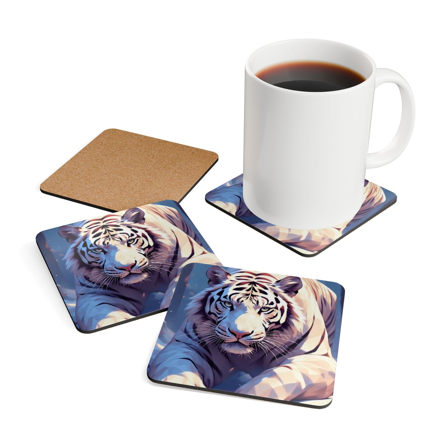 White Tiger Art Cork Coaster Set — Square Drink Coasters with Majestic Tiger Illustration