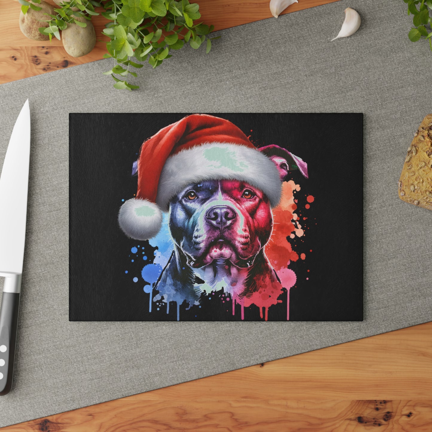 Christmas Pitbull Glass Cutting Board – Festive Dog Kitchen Cutting Board