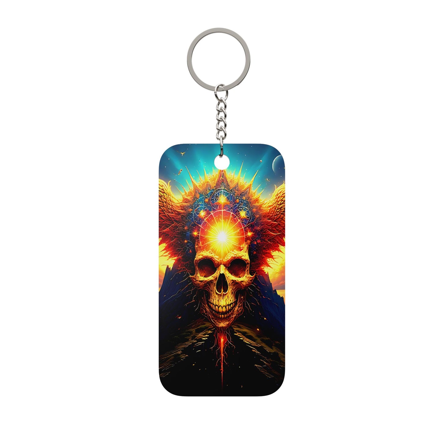 Skull Sunburst Keychain — Double-Sided Psychedelic Skull Charm