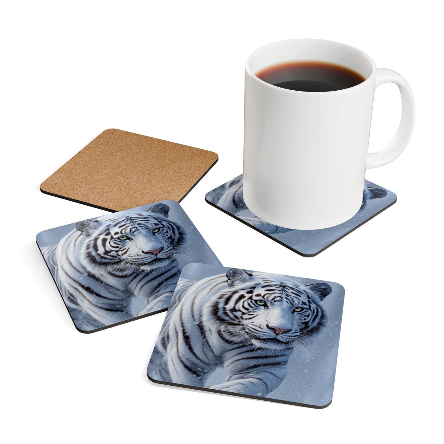 White Tiger Cork Coaster Set — Wildlife Art Drink Coasters