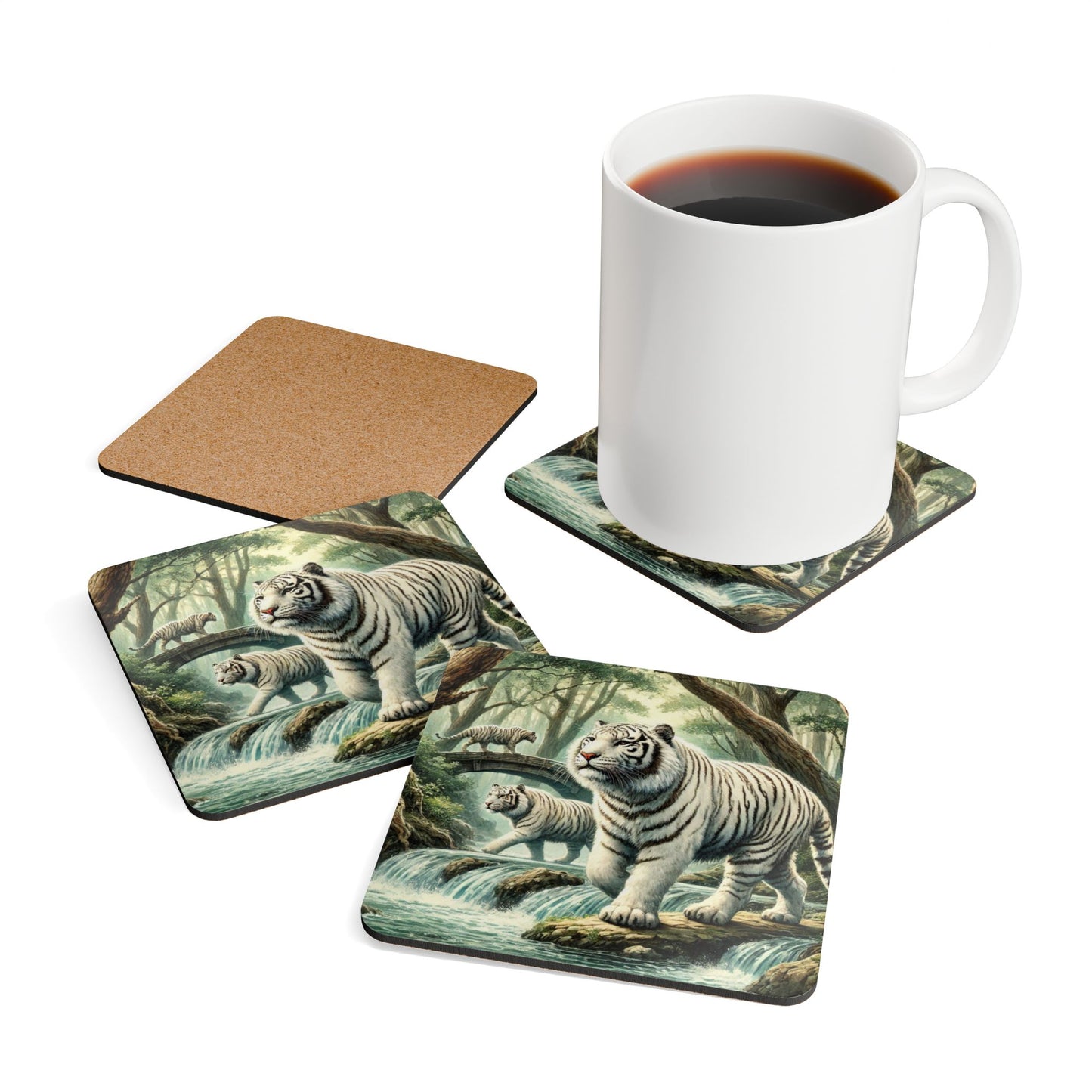 White Tiger Cork Coaster Set - Nature Theme, Rustic Home Decor, Animal Lovers Gift, Eco-Friendly Coasters, Wildlife Art