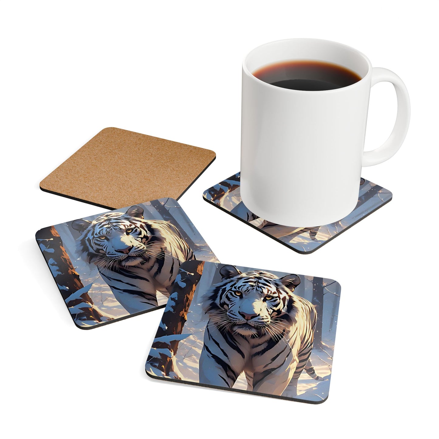 White Tiger Cork Coaster Set — Winter Forest Animal Drink Coasters (4-Pack)