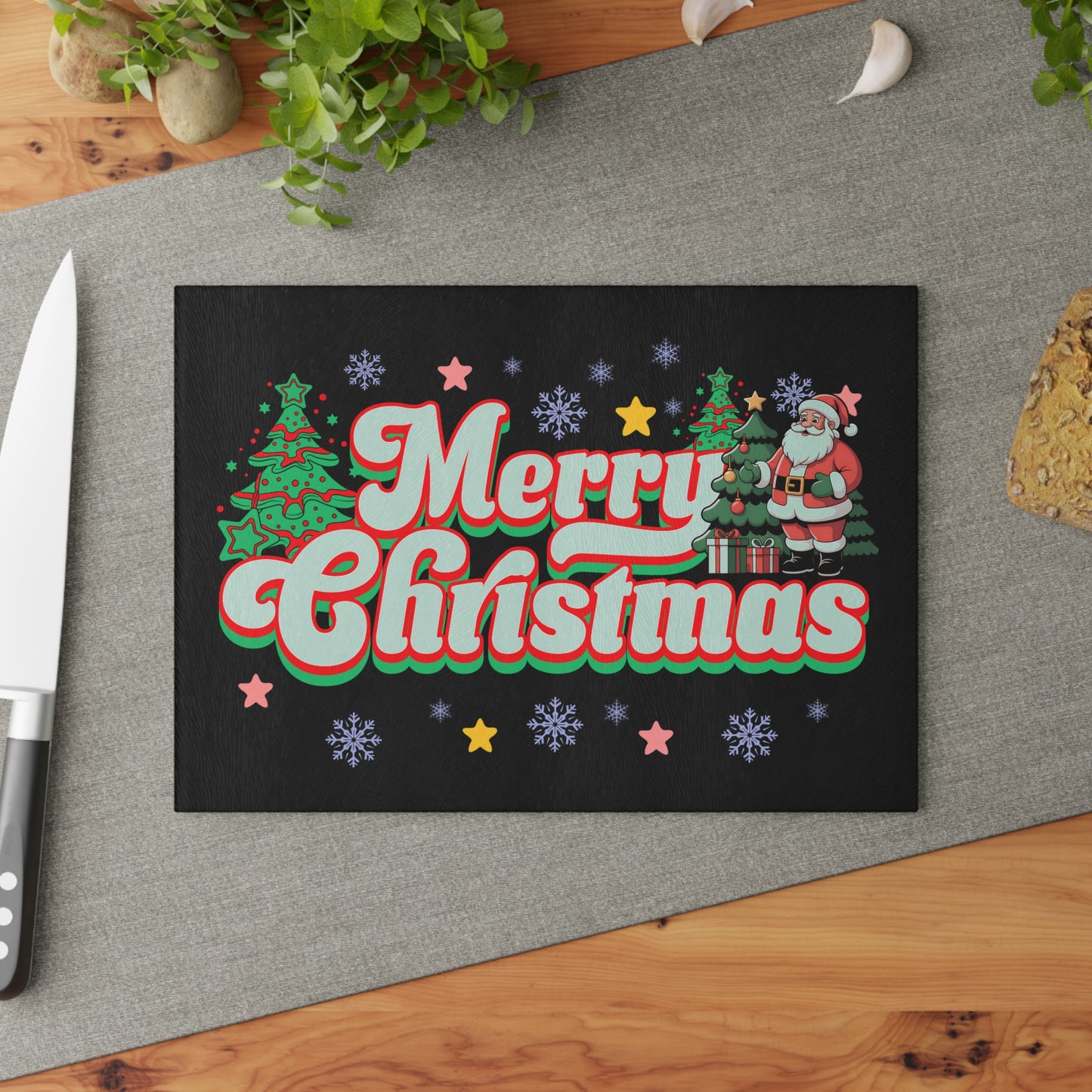 Merry Christmas Glass Cutting Board — Festive Santa & Trees Holiday Kitchen Decor