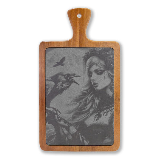 Engraved Charcuterie Board with Stone Inlay — Gothic Woman & Raven Serving Set
