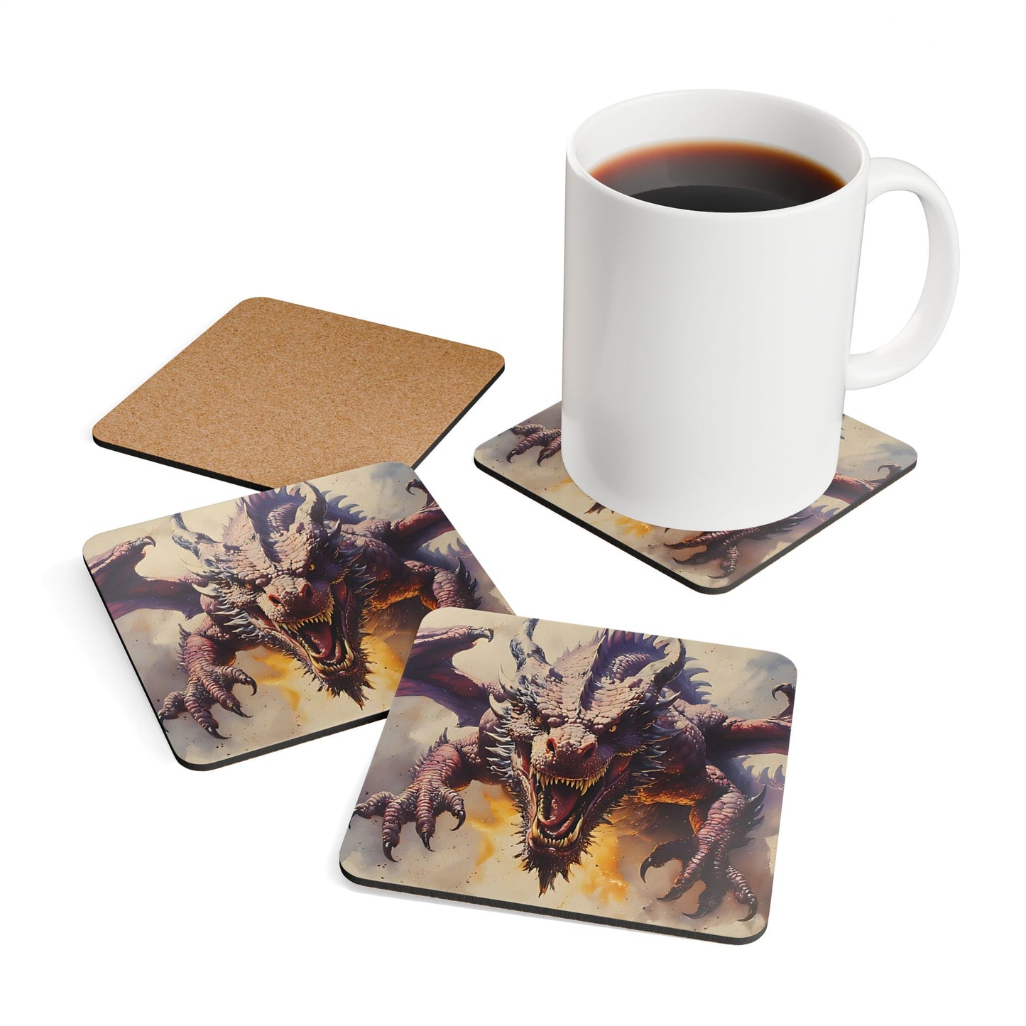 Dragon Attack Corkwood Coaster Set — Fantasy Fire-Breathing Dragon Drink Coasters