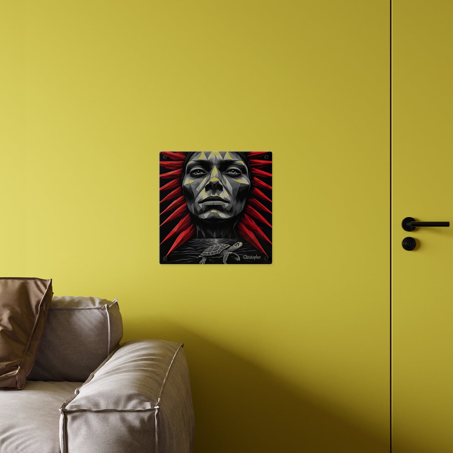Acrylic Wall Art Panel — Geometric Tribal Face with Red Feather Headdress