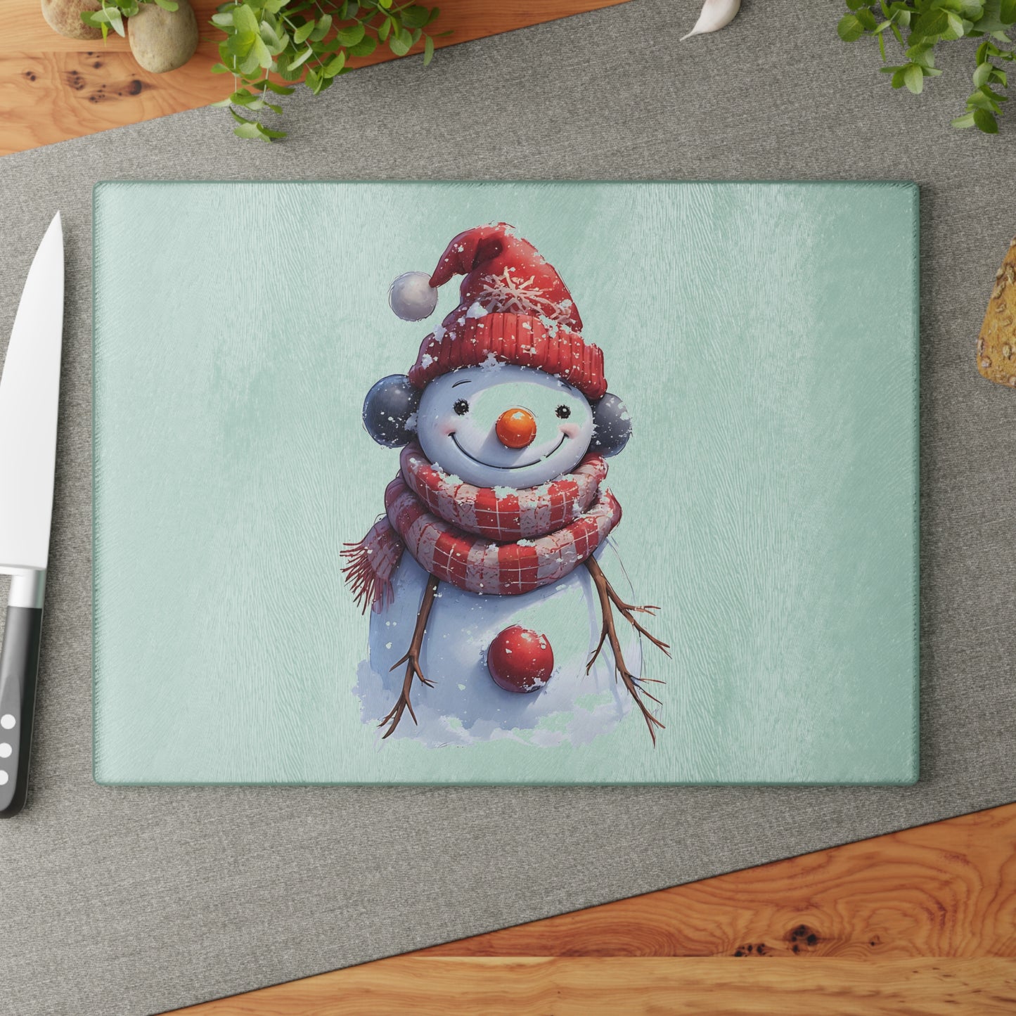 Winter Snowman Glass Cutting Board — Festive Holiday Kitchen Decor