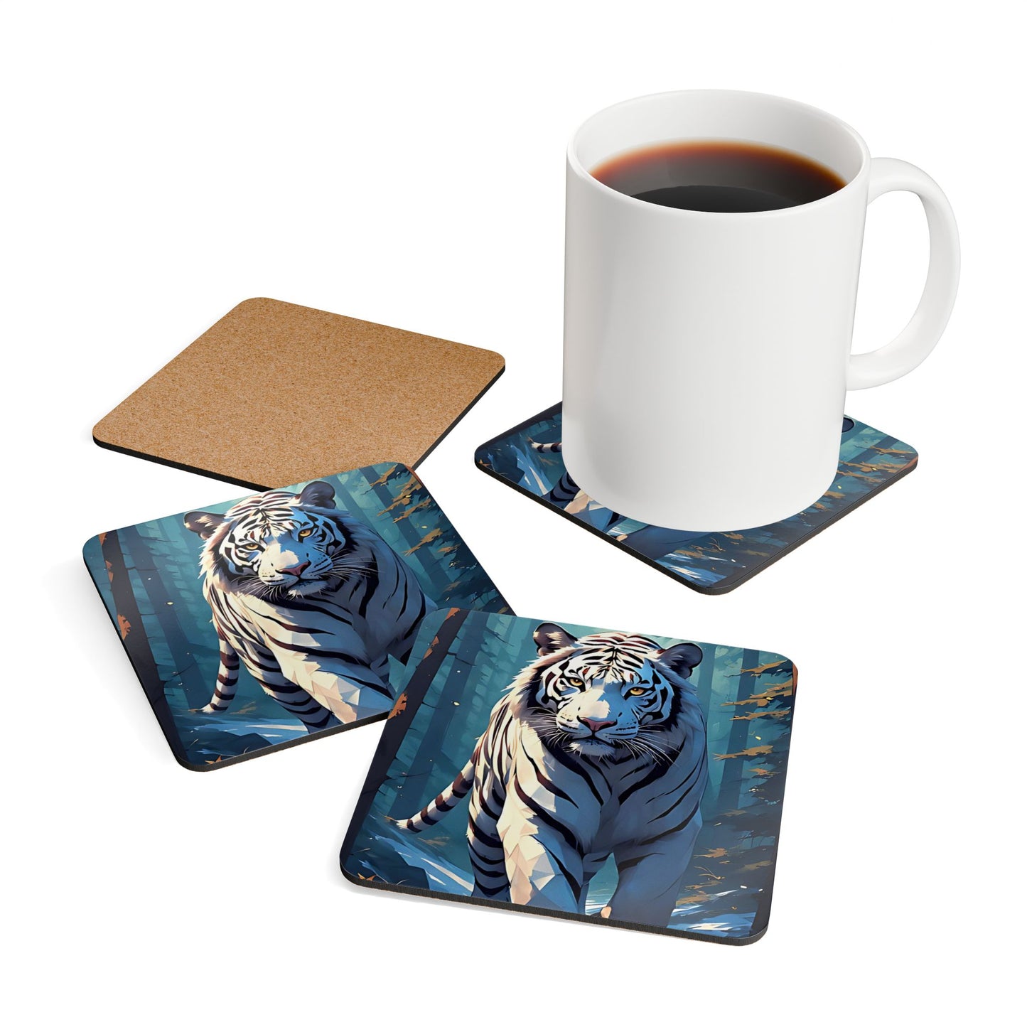 White Tiger Cork Coaster Set — Forest Wildlife Drink Coasters (4-Pack)