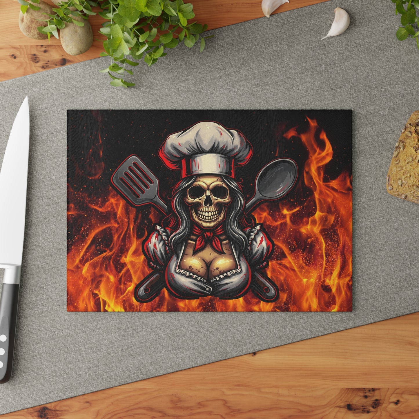 Sassy Skull Chef Glass Cutting Board - Fire & Spice Cooking Accessory
