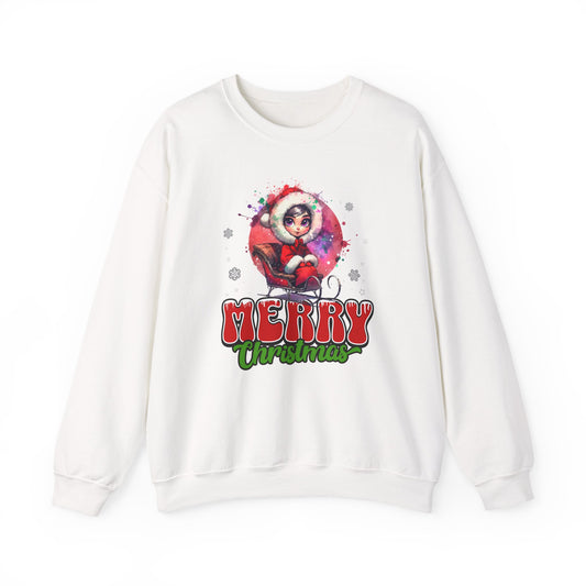 Christmas Crewneck Sweatshirt — Cute Santa Girl 'Merry Christmas' Holiday Pullover