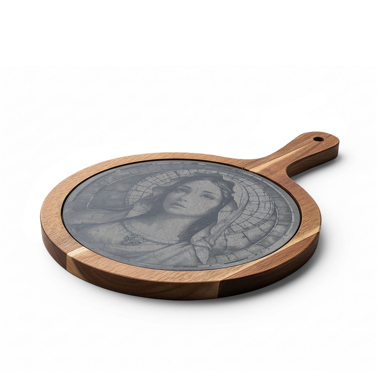 Engraved Bamboo Charcuterie Board Mary with Slate Round & Cheese Tools