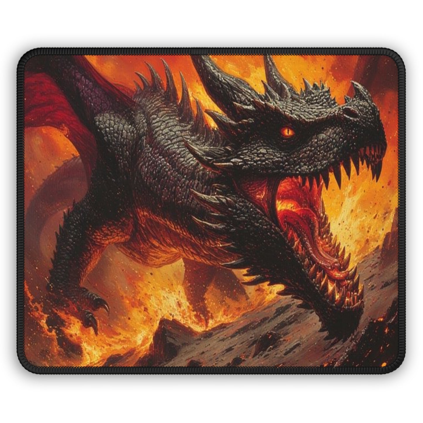 Dragon Fire Gaming Mouse Pad — Fiery Black Dragon Desk Mat for Gamers