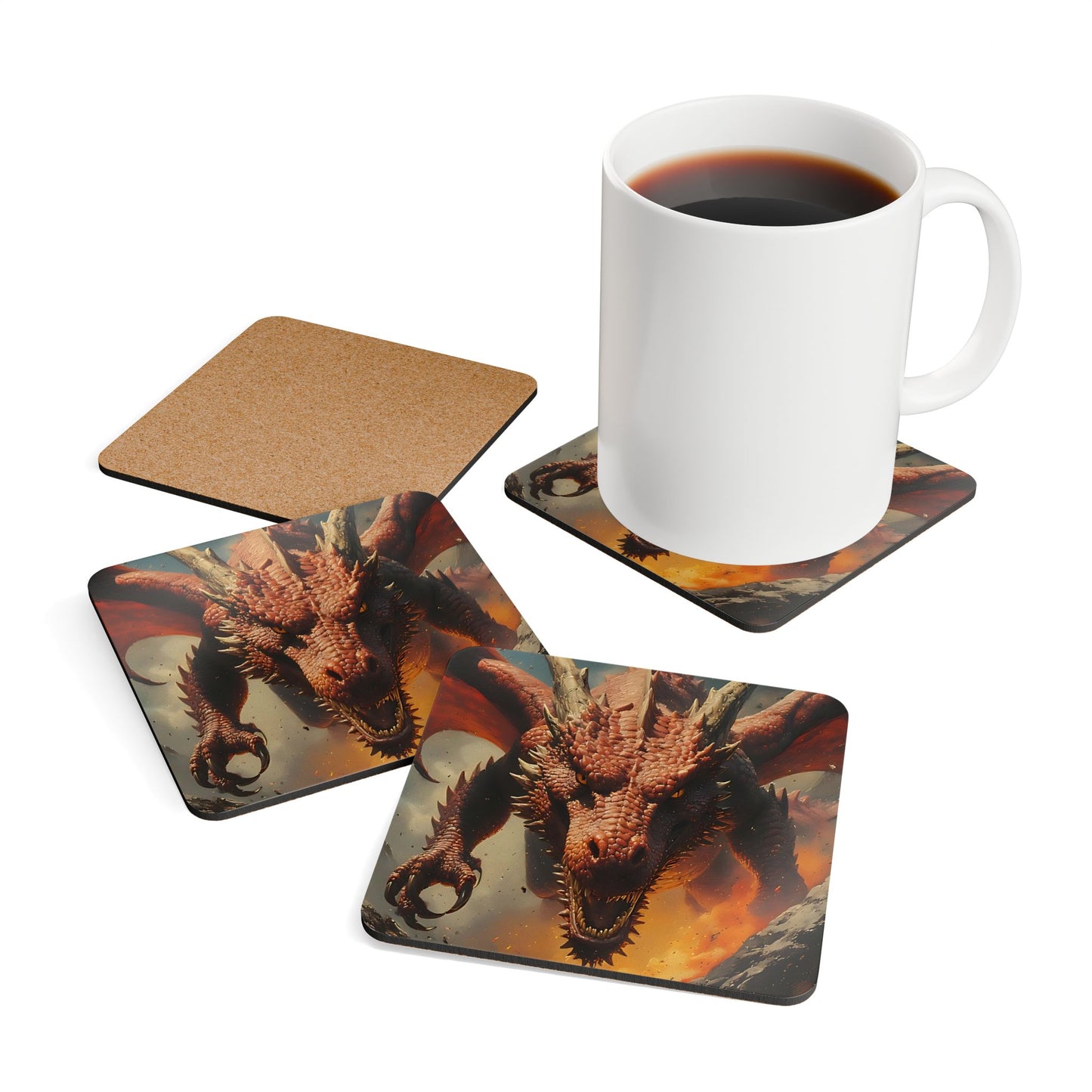 Dragon Corkwood Coaster Set — Fiery Fantasy Drink Coasters