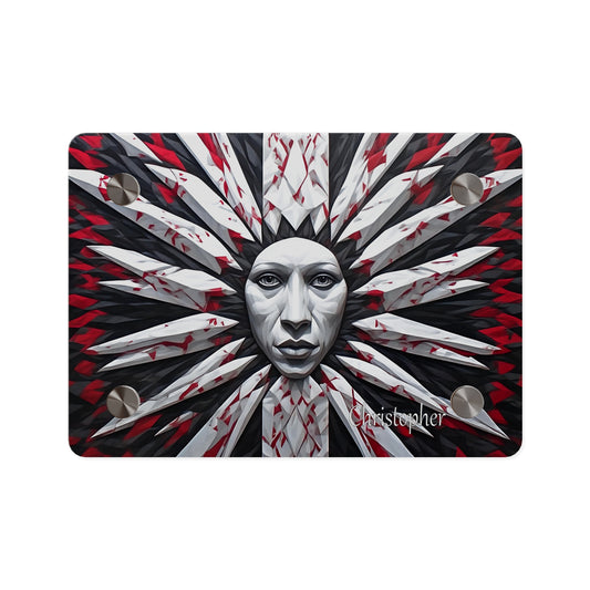 Acrylic Wall Art Panel — Surreal Sunburst Face with Red & Black Feather Design