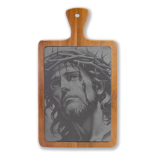 Engraved Jesus Charcuterie Board — Religious Acacia Serving Platter with Cheese Knives
