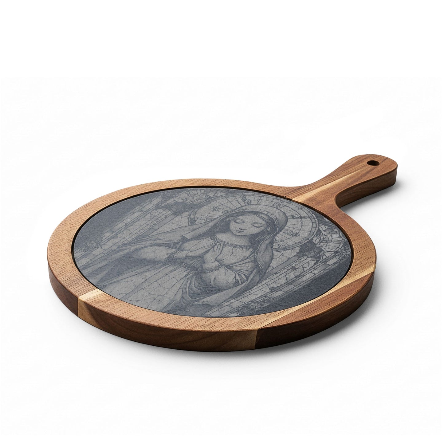 Engraved Virgin Mary Charcuterie Board with Marble Inlay — Religious Cheese Serving Set