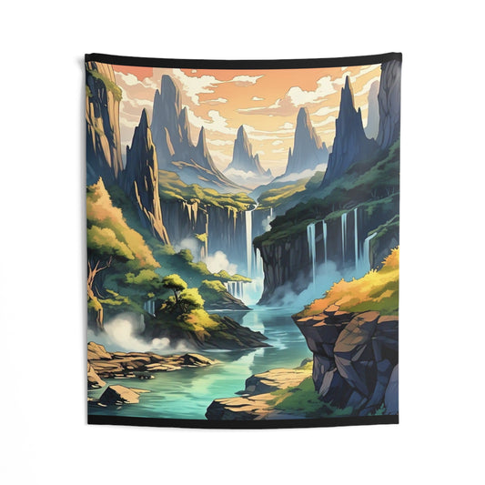 Scenic Fantasy Landscape Tapestry — Waterfall Valley Wall Hanging
