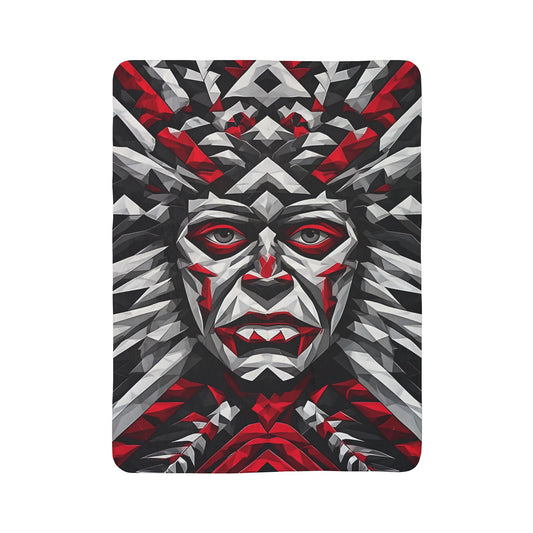 Geometric Tribal Mask Sherpa Blanket — Bold Red & Gray Abstract Face Throw