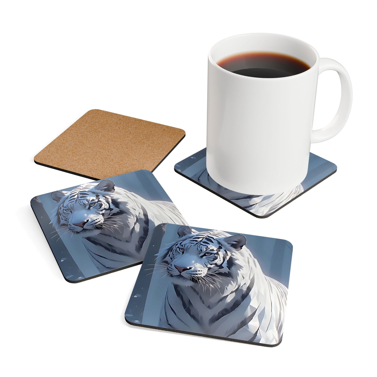 White Tiger Cork Coaster Set — Wildlife Art Drink Coasters (4-Pack)