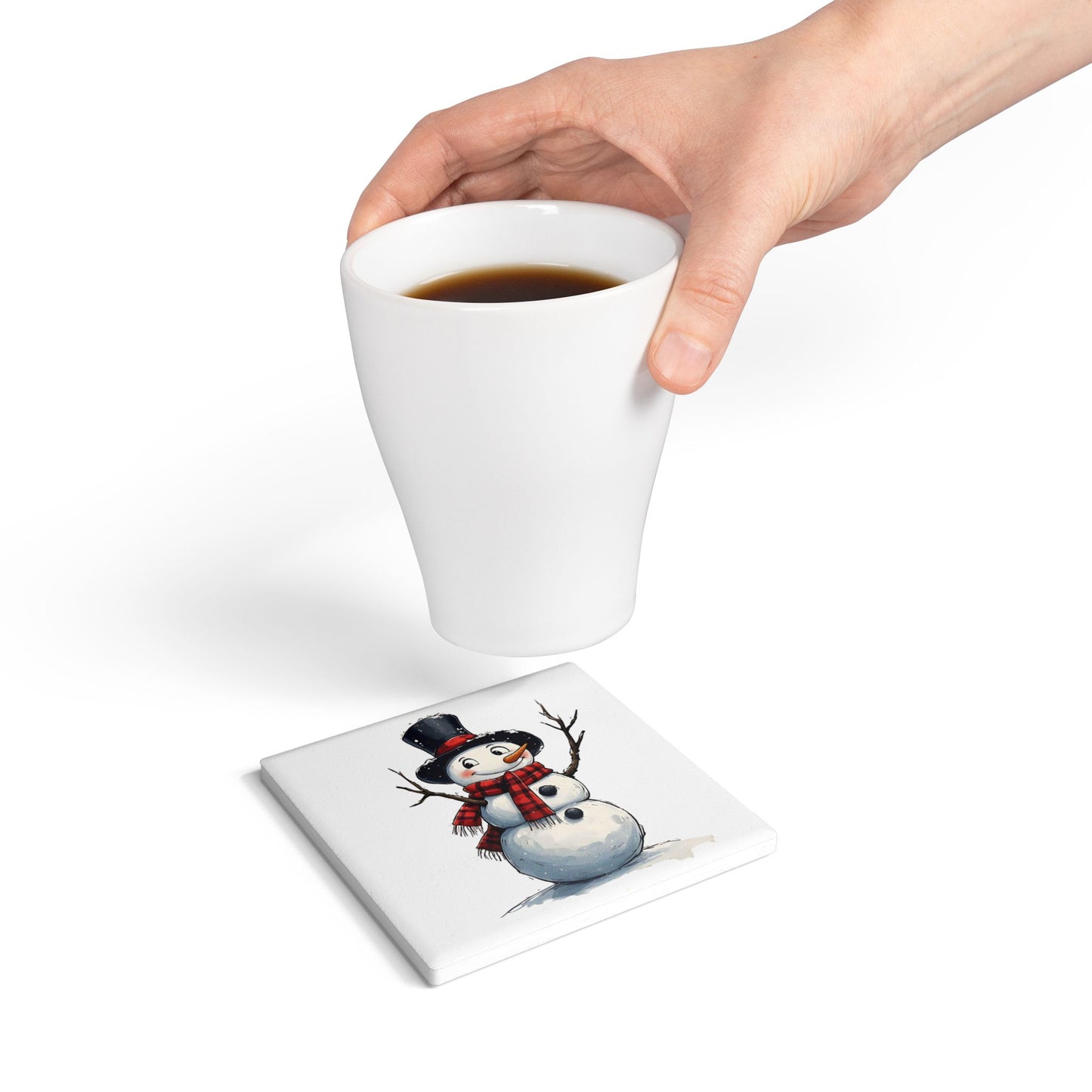 Winter Snowman Ceramic Coaster — Cute Hand-Drawn Snowman Holiday Drink Coaster