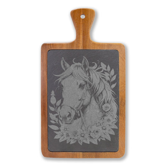 Engraved Horse Cheeseboard Set — Acacia Charcuterie Board with Slate Inlay & Cheese Tools