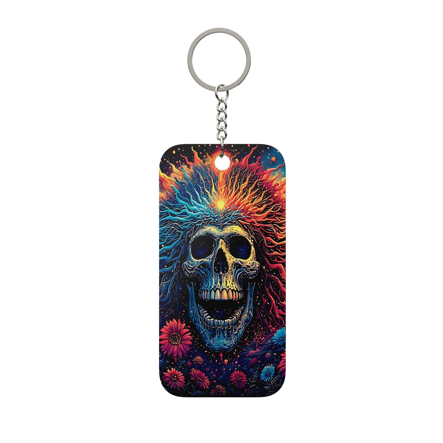 Psychedelic Skull Keychain — Colorful Floral Day of the Dead Charm
