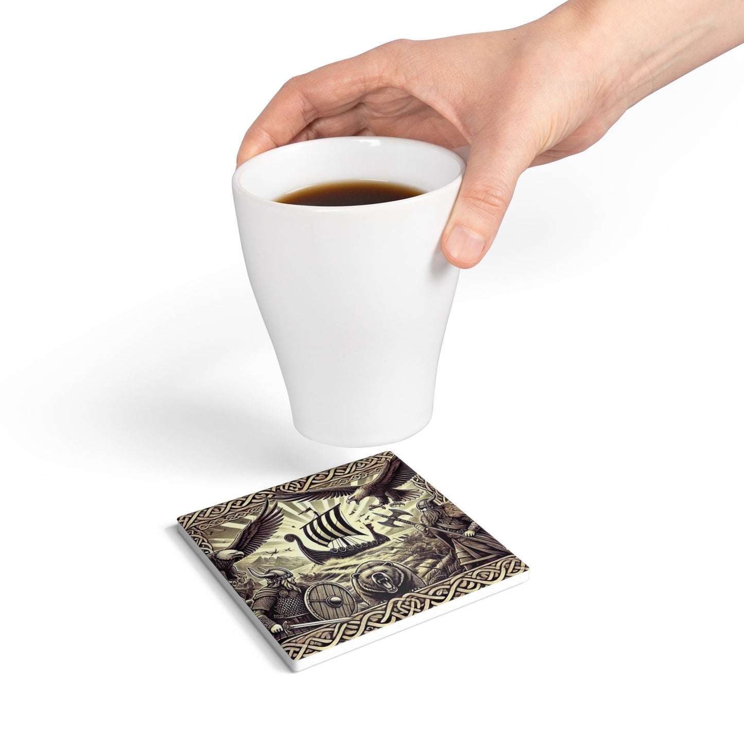 Norse Mythology Ceramic Coaster - Viking Art Decor, Rustic Drinkware, Gift for Men, Housewarming, Unique Bar Accessory