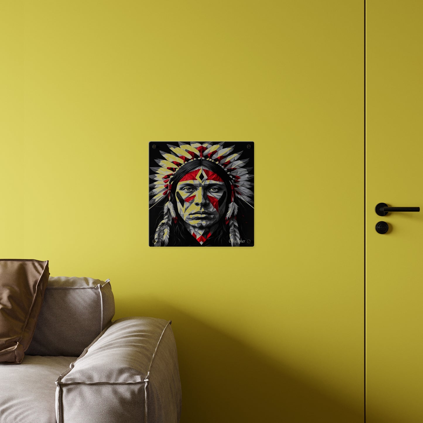 Acrylic Wall Art Panel — Geometric Indigenous Warrior Portrait (Red & Black)