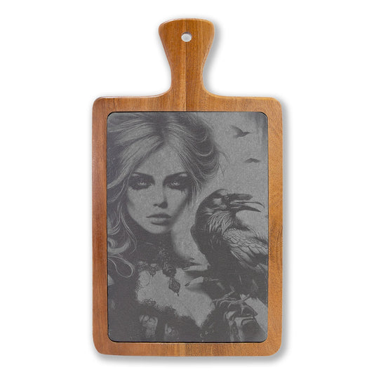 Engraved Acacia Charcuterie Board with Cheese Knives — Gothic Portrait Design