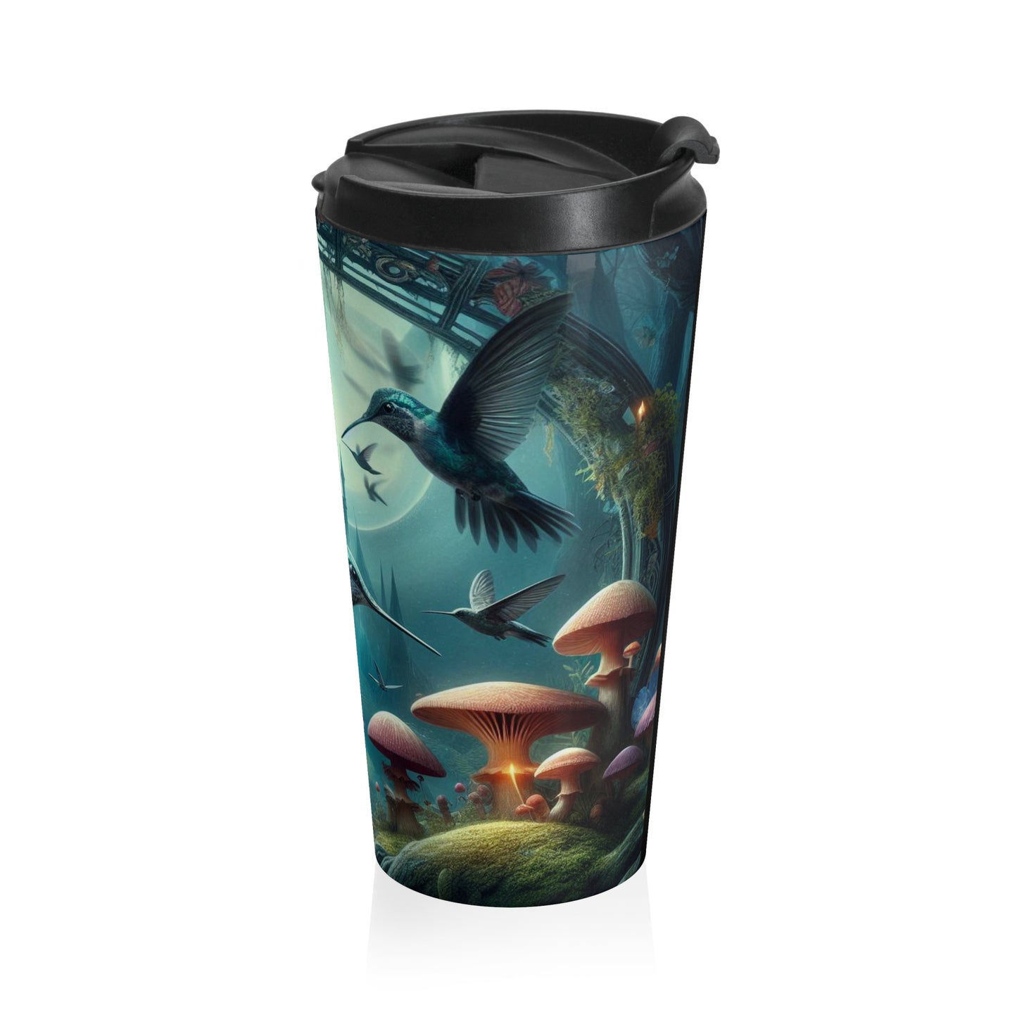 Fantasy Hummingbird Travel Mug, Enchanted Forest Design, Coffee Cup for Nature Lovers, Gift for Wildlife Enthusiasts, Adventure Travel Gear